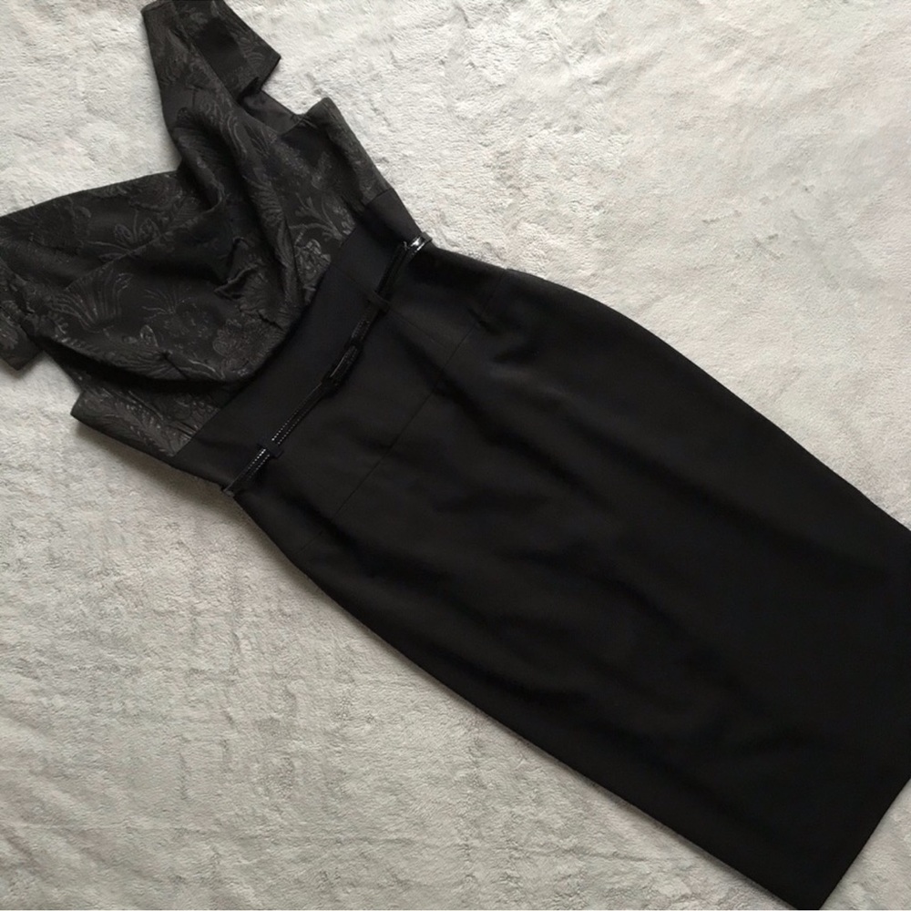 Black Halo Jackie O Belted Sheath Dress Solid Black Shimmer Jacquard Floral Sz 6